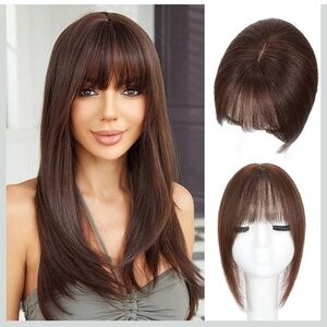Matriarchs Hair Topper Human Hair,12”Wispy Bangs Topper, 360°3D (Chestnut Brown)
